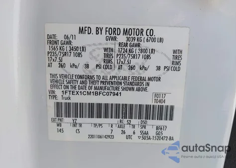 2011 Ford F-150 Xl z USA, uszkodzony, nr VIN 1FTEX1CM1BFC07941